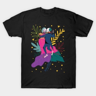 Day of the dead skeletons dancing salsa with folk flower background T-Shirt